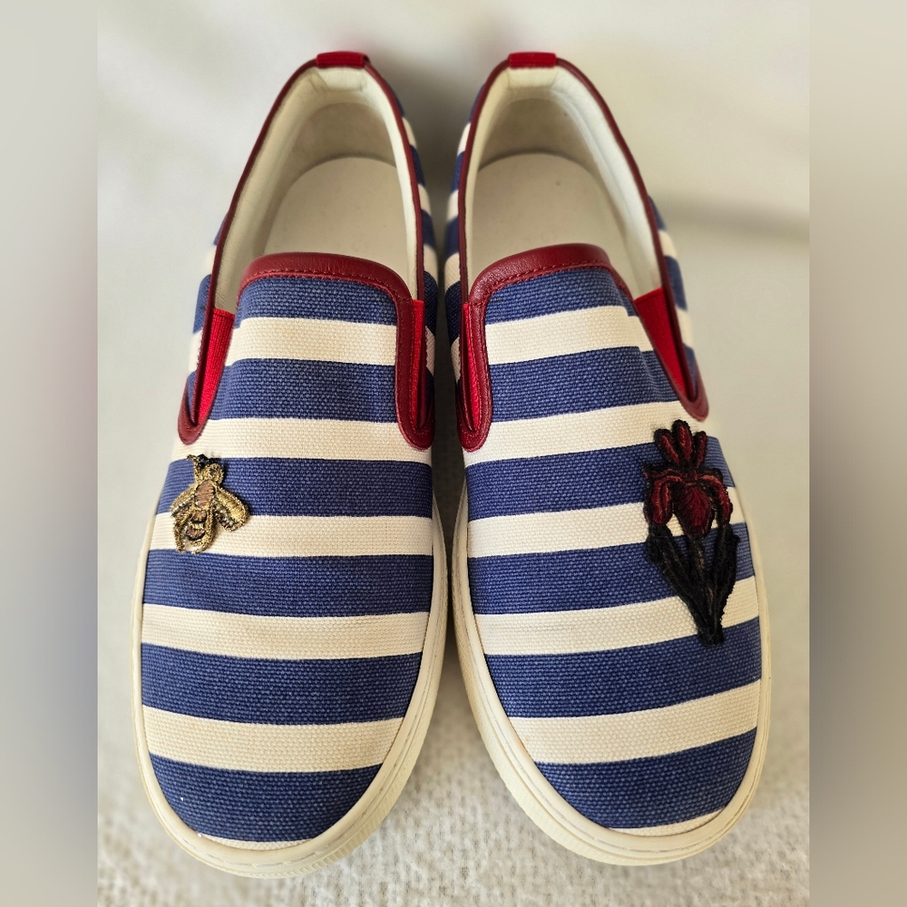 Pre-owned 💯 Authentic Gucci Dublin Stripe Slip-on Sneakers 👟  Navy/White - Picture 2 of 12